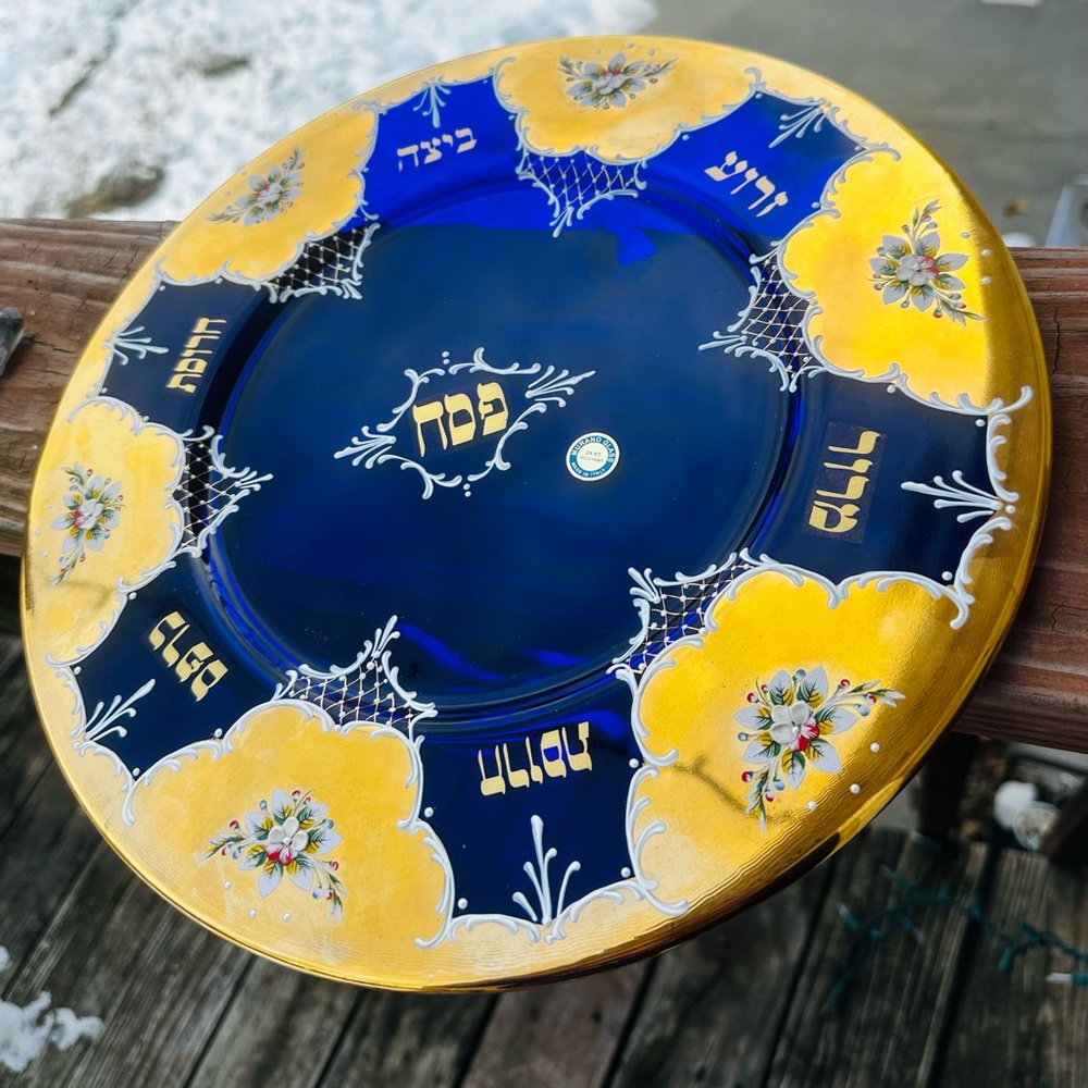 Murano Venetian 24k gold painted Vintage Cobalt blue glass Jewish Sader Plate